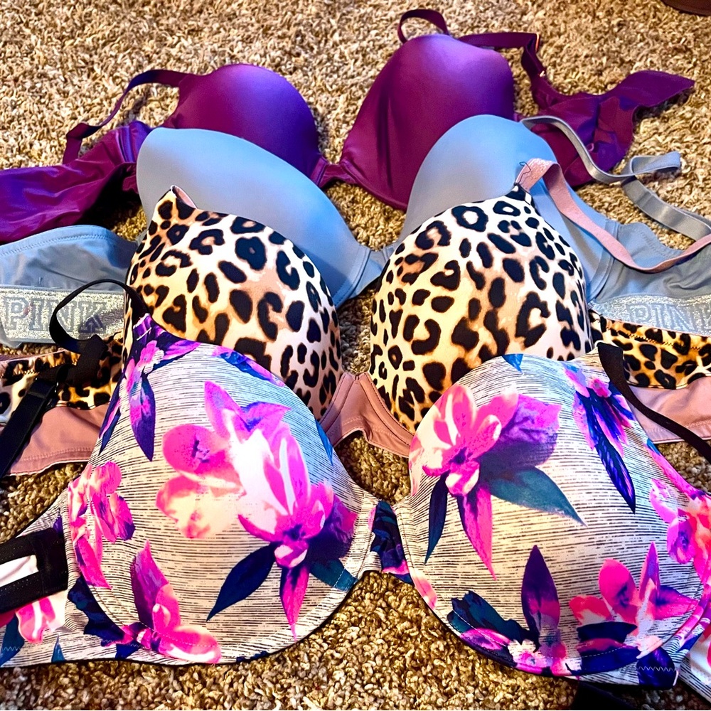 Pink Victoria’s Secret PINK Bra Bundle flower cheetah blue purple 36DD Underwire